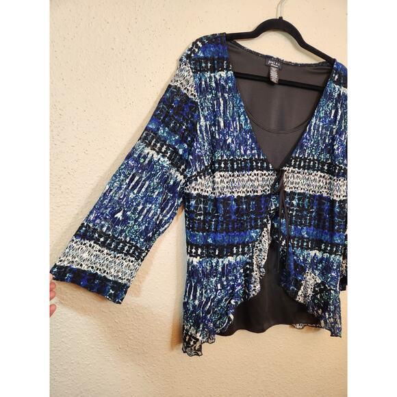 Joei & I Women's‎ Blue Black Stretch V-Neck Tie Front Long Sleeve Blouse Size 2X - Picture 2 of 6